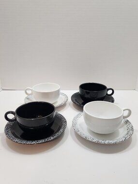 Vintage Pagnossin Italy Black White Speckled Cappuccino Coffee Cup Saucer Set 4